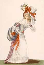 Efektowny strój damski, tabliczka z „Galeries des Modes et Costumes Francais”, ok. 1778-87 99: odzież; strój tradycyjny; strój tradycyjny; moda; ilustracja; c18th; moda